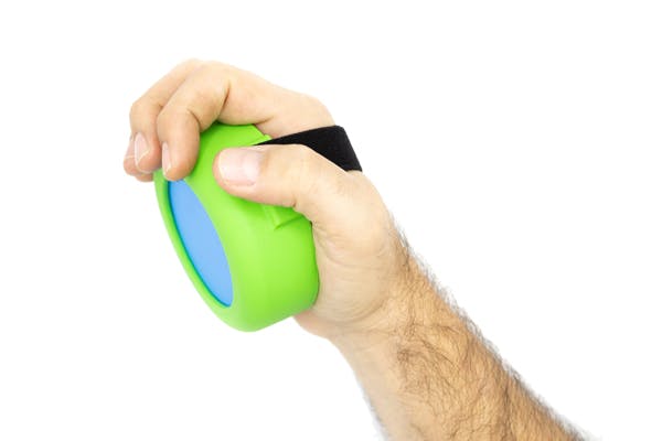 man holding hand strap for fitmi neurorehab device