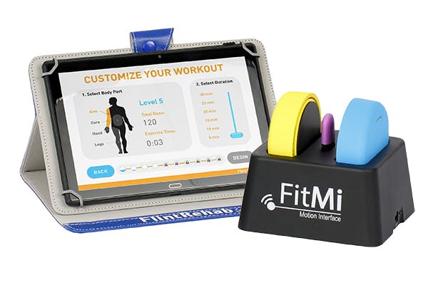 fitmi neurorehab device for stroke, tbi, and sci alongside a flint rehab tablet