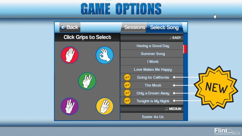 select song screen for musicglove neuorehab game for stroke, brain injury, and spinal cord injury