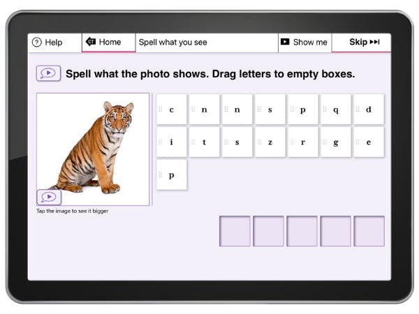 ipad with screenshot of speech therapy app exercise example