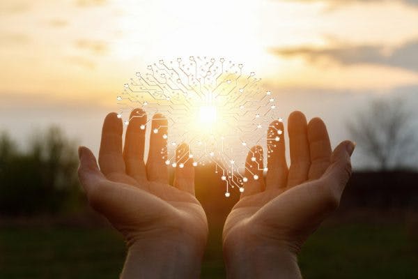 digital brain floating over woman's hands in front of sunset, representing magnetic therapy for stroke patients